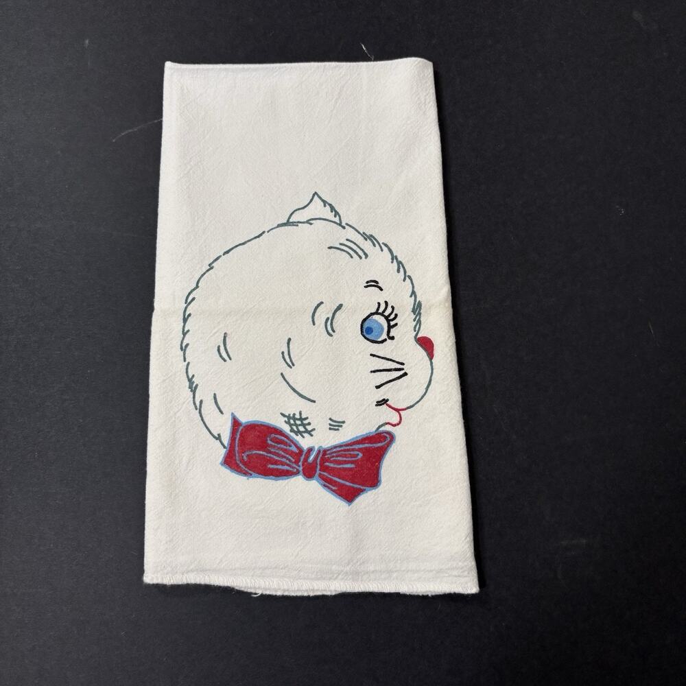 Vintage Hand Painted Cat Tea Towel Red Bow Kitchen Linen 16" x 24" Retro